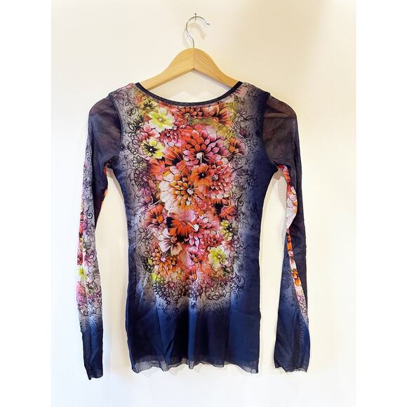 NWOT FUZZI Floral Y2K Sheer Long Sleeve Scoop Neck Multicolor Double Lined Top - Picture 2 of 8